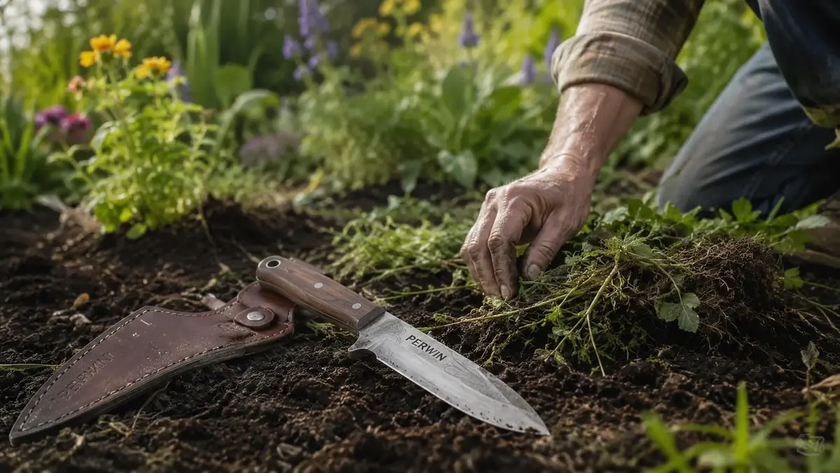 PERWIN hori hori garden knife with walnut handle and sheath resting on a garden bed next to freshly dug soil