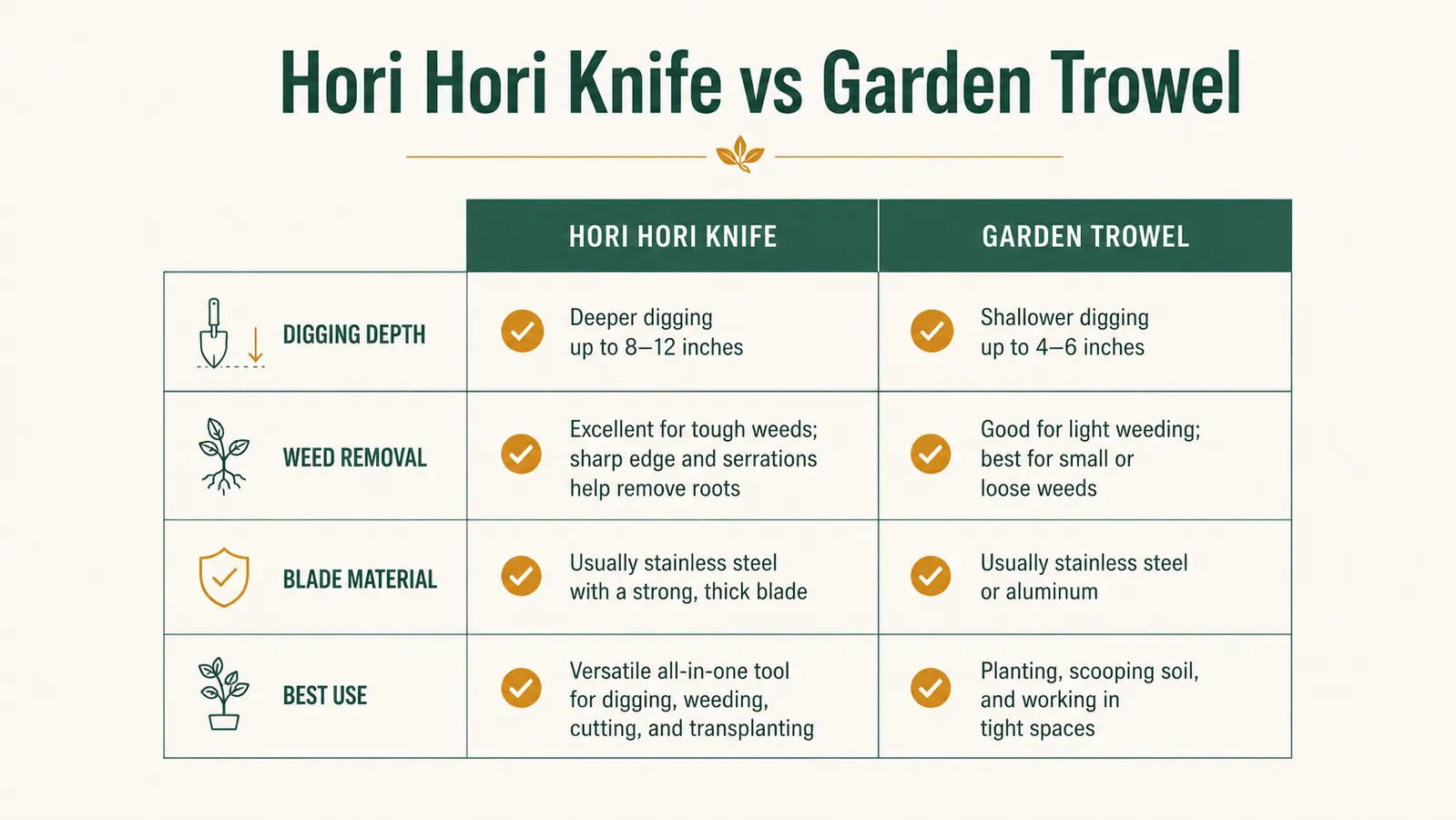 Chart comparing the hori hori knife and garden trowel across digging, weeding, planting, and durability