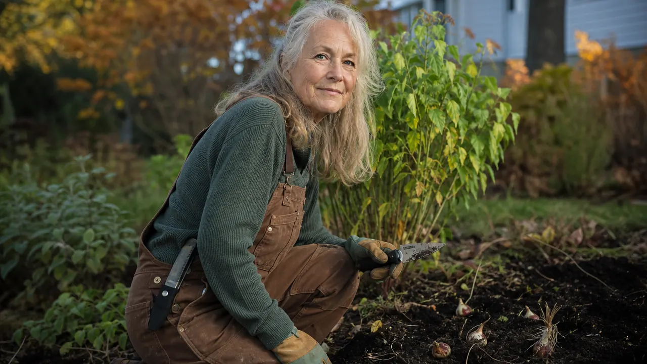 Woman kneeling in a bulb bed holding a PERWIN hori hori knife after planting tulip bulbs