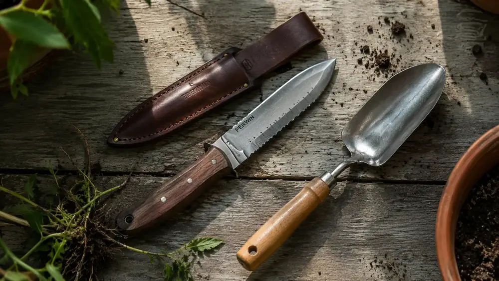 PERWIN hori hori knife with walnut handle and sheath laid next to a classic steel garden trowel on a wooden potting bench