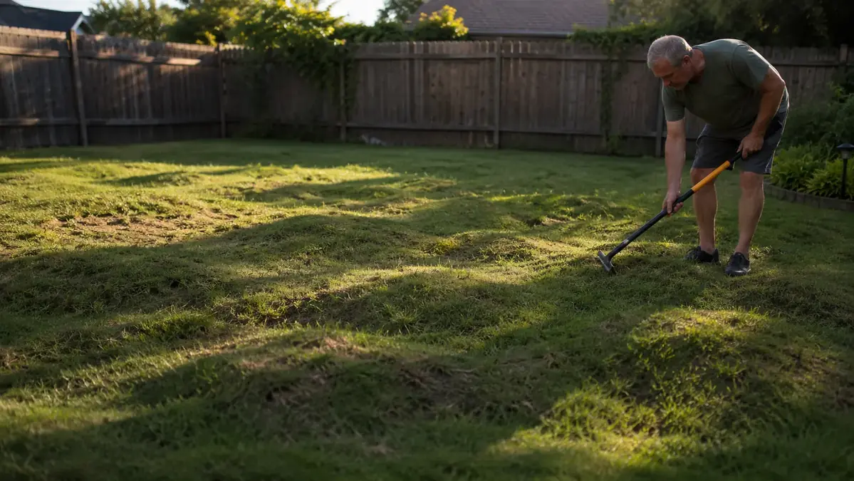 Lumpy, uneven backyard lawn with visible dips and mounds near a wood fence