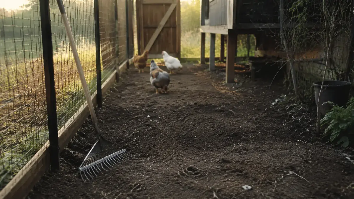 Wide shot of a chicken run with freshly leveled dirt and a bow rake leaning against the fence