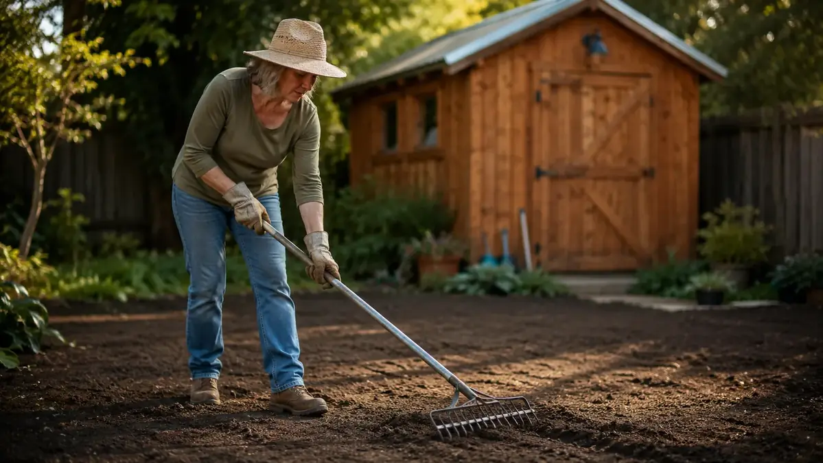 Woman using a Walensee bow rake to level a patch of bare soil in a backyard, morning light