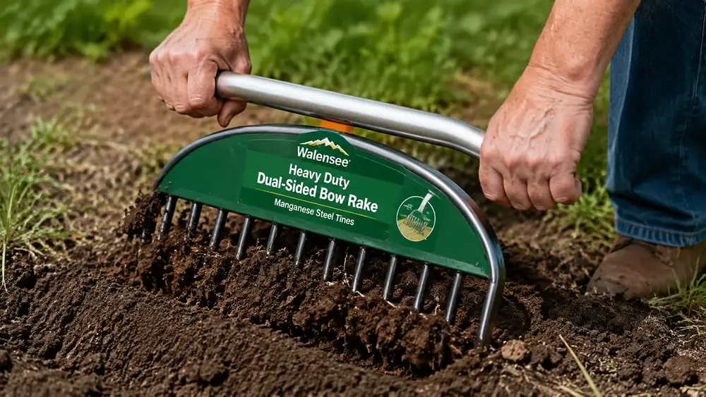 Close-up of hands pulling the Walensee bow rake's steel tines through compacted soil near a mailbox post