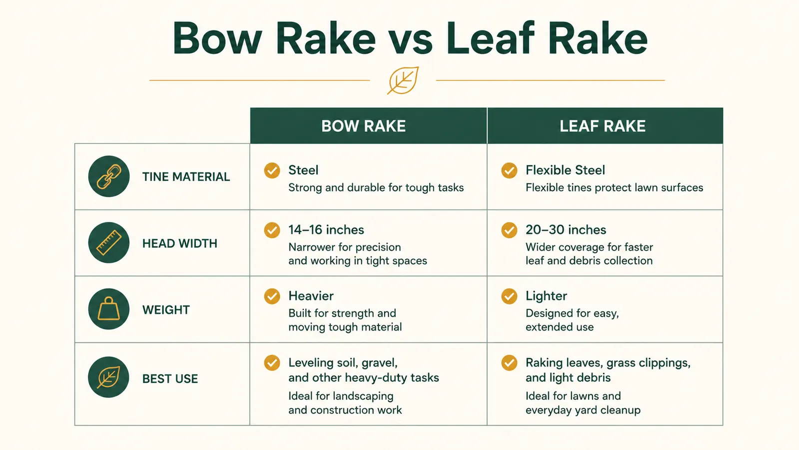 Comparison chart showing bow rake versus leaf rake across tine material, head width, weight, and best use
