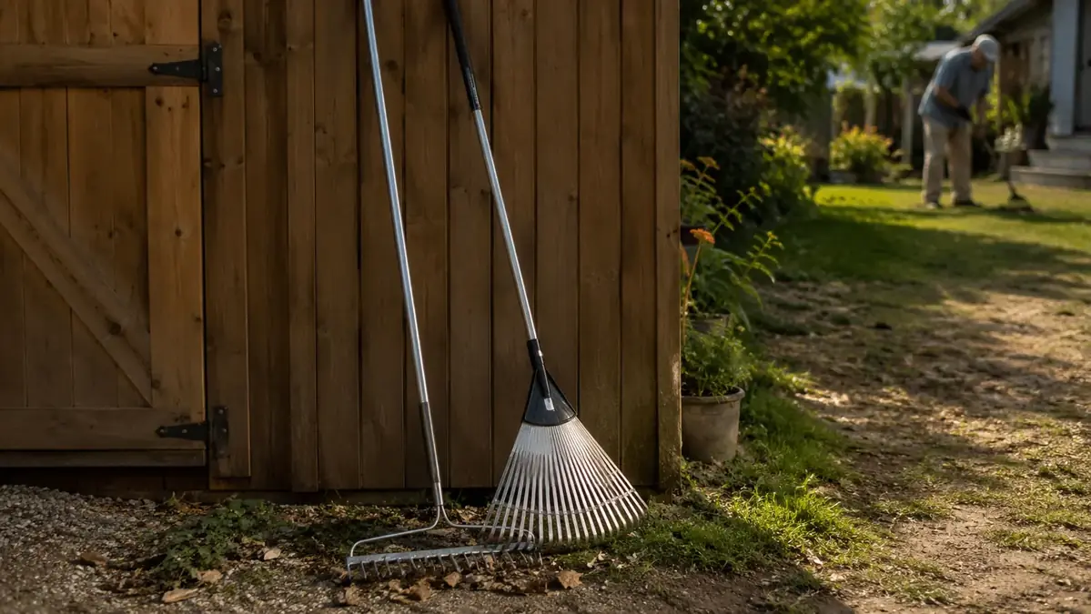 Walensee bow rake and a leaf rake leaning side by side against a garden shed with a mailbox post and gopher mound in the background